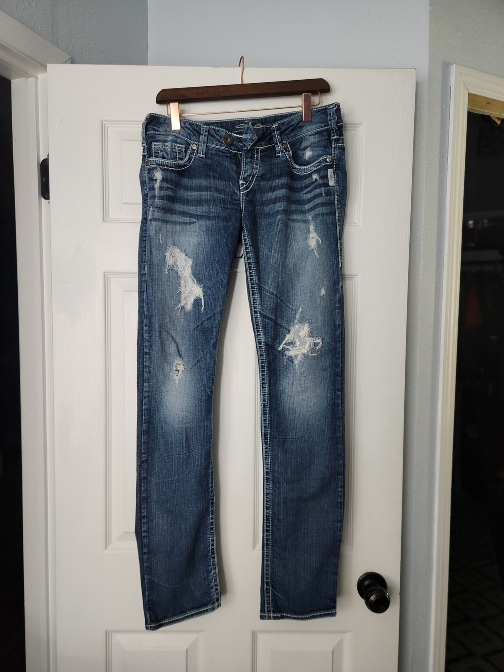 Silver Jeans Distressed Dark Blue Straight Leg Jeans